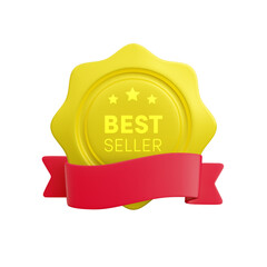 Vector cartoon 3d Best Seller wavy medal with red ribbon realistic icon. Trendy gold business award, premium quality product guarantee badge. 3d render illustration for sticker, logo, certificate.