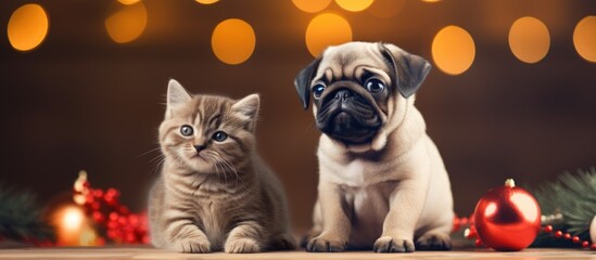 The adorable kitten and Pug puppy are seen sitting side by side against a festive backdrop There is plenty of room for text in the image. Copy space image. Place for adding text and design