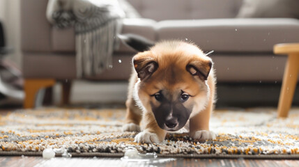 A cute Akita puppy is near a wet spot on a rug in someone's home.