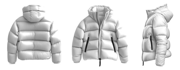 Set of white Down puffer padded quilted hoodie hooded parka jacket, front back side view on transparent cutout PNG file. Mockup template for artwork design