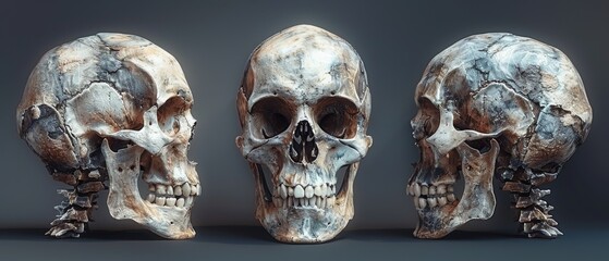 Isolated on black background, different angles of the human skull are shown. Anatomy and medicine concept.