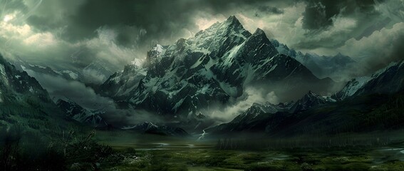 Ominous Grandeur A Towering Mountain Landscape Shrouded in Moody Atmospheric Clouds and Mist