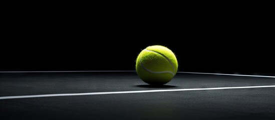 Obraz premium A tennis ball is lying on a black surface creating a simple and visually appealing image with space for text or other elements. Copy space image. Place for adding text and design