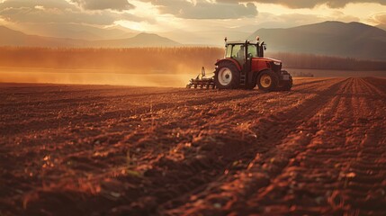 Obraz premium Tractor in the Field: In the early morning light, a farmer operates a tractor, plowing the fields to prepare the soil for planting crops 