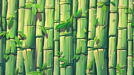 Wallpaper patterned with bamboo stems, seamless pattern with green tree sticks. Cartoon background of japanese or chinese cane walls.