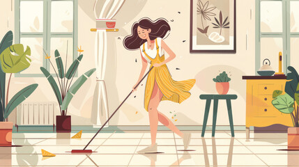 A happy woman is using a mop to clean the floor of her home. She is dancing while she cleans, and she seems to be enjoying herself.