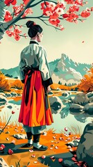 Fototapeta premium Hanbok, Traditional Korean Garment, Blossoms adorn the landscape, Embracing the beauty of nature and tradition 3D Render, Sunlight, Vignette, Mirror shot