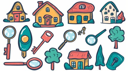 An icon for real estate sale, rent, and mortgage. Modern doodles with a house, keys in hand, magnifier, sale sign, and contract.