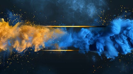 A Holi powder paint explosion empty banner template, with blue and yellow splashes on a dark background, accompanied by colorful clouds or a smoke burst. It is a realistic 3D modern illustration.