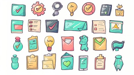 The quality control icons depict doodle symbols of assurance, compliance, and verification. Modern hand-drawn set with checklists, documents with check marks, certificates, phone numbers, and graphs.