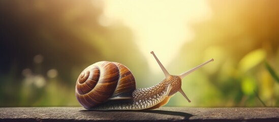 Achievement and success concept represented by a close up shot of a large snail crawling towards the finish line symbolizing progress and the journey forward Ample copy space available for your text - Powered by Adobe
