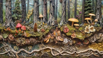Vibrant cross-section of a temperate forest, featuring flora and fauna interactions, root systems, and geological elements in the forest floor, naturalistic detail - obrazy, fototapety, plakaty