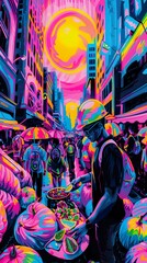 Local festivities, street food vendor, technologically advanced environment, mix of old and new, 3D render, golden hour lighting, chromatic aberration, Fish-eye lens view