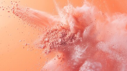 Fototapeta premium Vibrant close-up of scattered beauty products on a pastel peach backdrop, powder explosion from a brush swipe, studio lighting, raw style