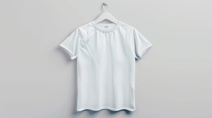 A plain, white T-shirt hangs on a white metal hanger, facing the viewer from the front.