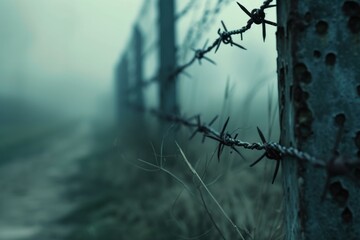 Stark Barbed wire cinematic. Iron crime war. Generate Ai