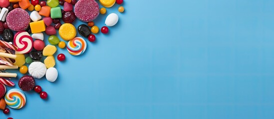 Flat lay view of colorful candies on a blue background creating a captivating copy space image