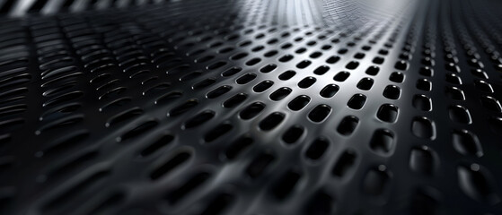 Macro shot of a black perforated metal surface with circular patterns ,abstract metal grid background, 3d render illustration with depth of field