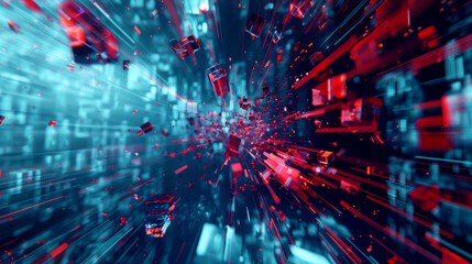 Obraz premium Explosive digital data breach visual with flying pixels and distorted cyber elements in red and blue tones.