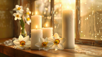 Candles and Flowers Set for a Romantic or Memorial Atmosphere, Soft Light Casting Tranquil Shadows