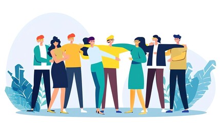 Fototapeta premium A group of diverse people are standing together, embracing each other. They are all smiling and look happy. The background is a simple white color.