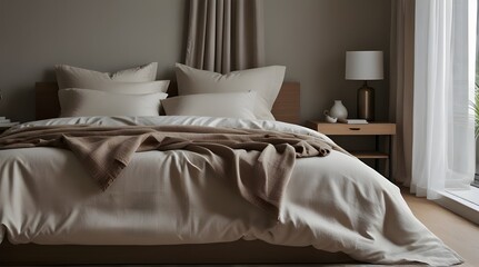Bed with organic bed linen Details of modern minima.generative.ai