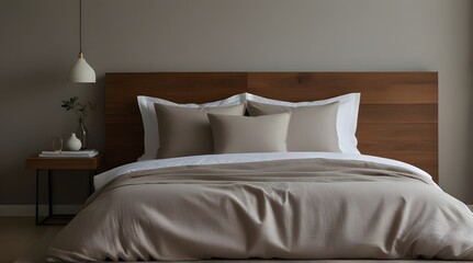 Bed with organic bed linen Details of modern minima.generative.ai