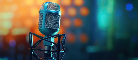 Professional microphone on a background suitable for radio stations and podcasters with copy space...