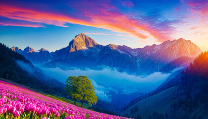 A breathtaking landscape with a majestic mountain peak rising against a vibrant sunset sky, surrounded by lush green forests and a field of pink wildflowers in the foreground. The scene is - Powered by Adobe