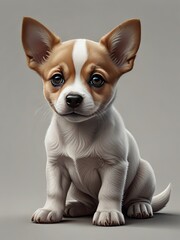 An adorable white chihuahua puppy with perked ears sits playfully on a bright white background