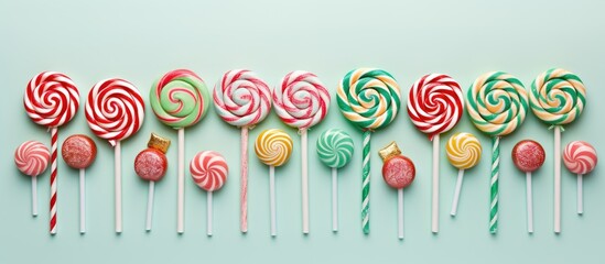 Top view of colorfully crafted candy for New Year or Christmas featuring lollipop Christmas trees on a neo mint colored paper background The composition includes a white frame with plenty of copy spa