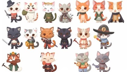 Funny cats cartoon characters. Cute kittens playing, sleeping, cooking, wearing trendy clothes. Feline lifestyle, petcare, adoption, and love to animals modern illustration.