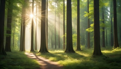 A serene forest scene with tall trees and dappled upscaled 11