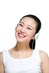 Shed happy young woman wearing headphones