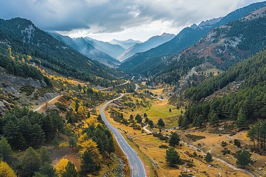 Andorra aerial view of el pas de la casa pass in autumn