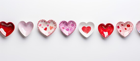 Top view of heart shaped ceramic plates with a Saint Valentine s Day theme on a white textured background The image is laid out flat providing copy space - Powered by Adobe