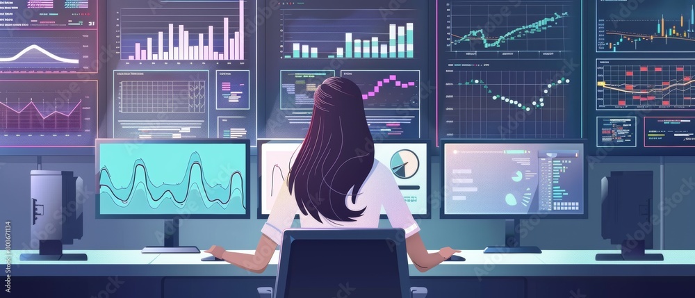 Poster an female software engineer sits behind a computer screen in a modern monitoring office, with a live