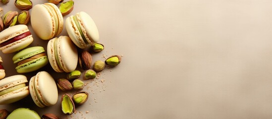 A top view image of pistachio cake macarons and whole pistachios arranged on a beige background creating a visually appealing copy space image