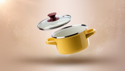 Yellow ceramic cooking pot or saucepan and lid flying isolated on white background