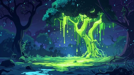 An unusual tree with sticky foliage stands in a glade in a mystical forest in this fantasy landscape illustration with a dripping tree of green slime.