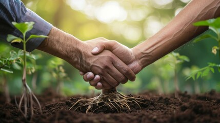 A handshake with roots growing from it represents building strong relationships and creating a supportive work environment