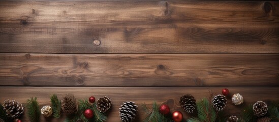 An old wooden background adorned with Christmas holiday decorations offering ample copy space for images - Powered by Adobe