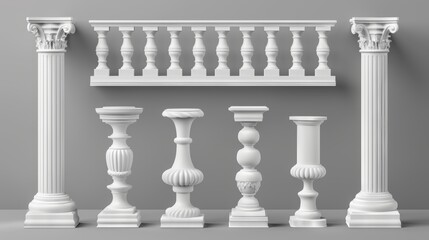 Balustrade elements of 3D white stone or marble pillars, columns, balusters, handrails, and bases for balconies, terraces, and parapets.