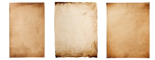 Three sheets of old paper with ragged edges on a black background.