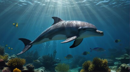 Obraz premium Dolphin swimming in the undersea, close-up