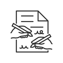 Signing a contract, linear icon. The signing of a document by two parties. Conclusion of a contract. Line with editable stroke