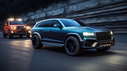 Auto racing of a blue jeep and a grey sedan sports on high way