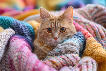 Ginger cat lying in colorful knitted blanket