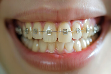 Person, teeth and braces closeup, dentistry smile, straight alignment.