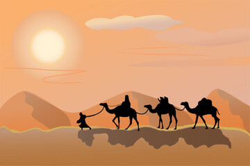 A camel caravan with people is walking through the desert. Desert, sand, sun, dunes, caravaneer.